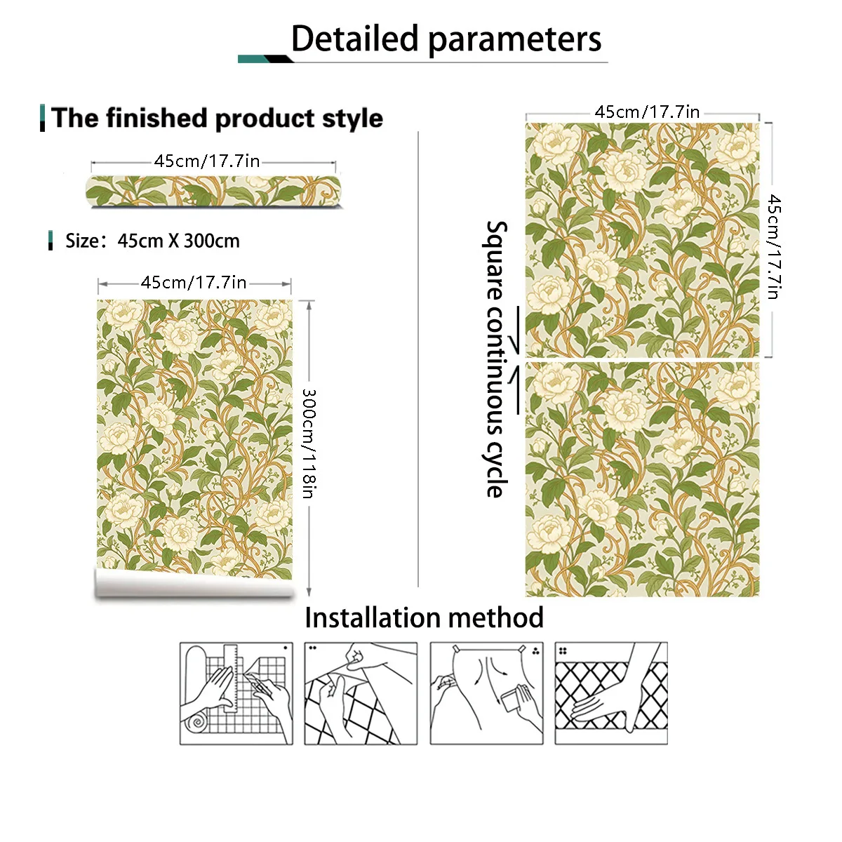 45x300cm PVC Floral Self-Adhesive Wallpaper Roll for Bedroom Wall Living Room Home Decor Peel and Stick Easy DIY Waterproof