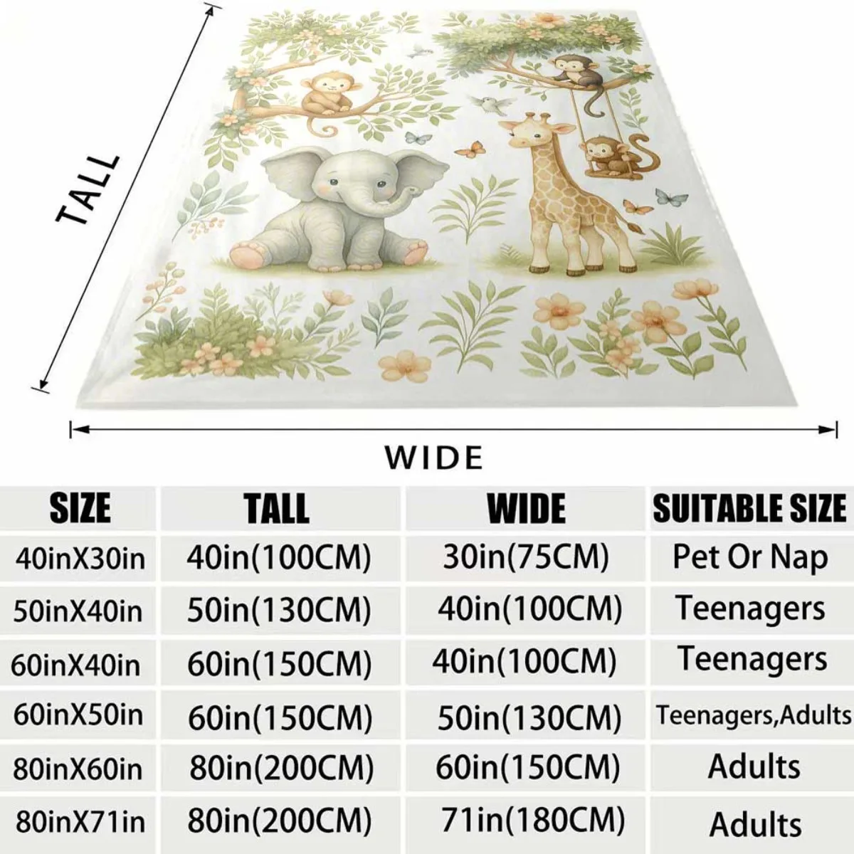 Watercolor Jungle Animal Flannel Throw Blanket, Elephant Giraffe Monkey Print Soft Blanket for Kids Bedroom Sofa Cozy Home Decor