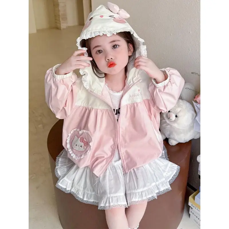 

Sanrio Hello Kitty Cartoon Lace Hooded Windbreaker for Girls Spring Autumn Coat Early Fall Season 2026 New Fashionable Cartoon