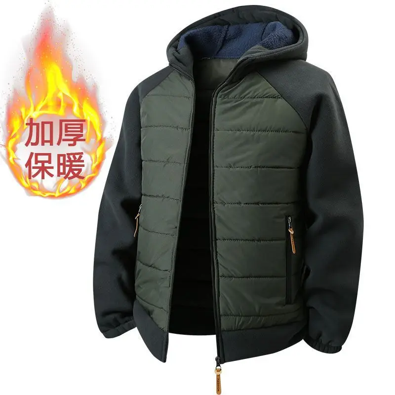 Quilted Male Jackets Parkas Loose Splicing Fleece Windbreaker Full Zip Up Sports Jackets Hooded Coats Raglan Sleeve Outerwear