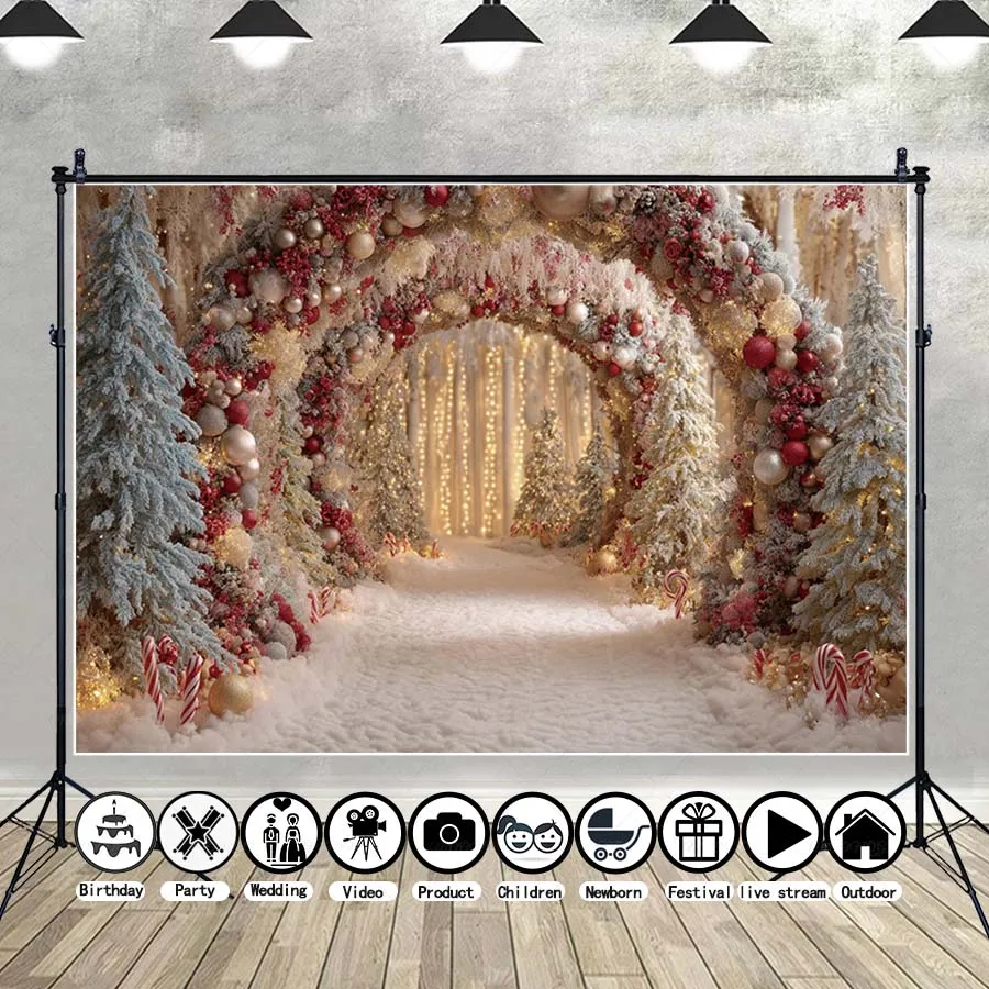 

MOON.QG Christmas Arch Balls Photographic Background Candy Cane Xmas Trees Backdrop Accessories Photo Studio Kids Party Decor