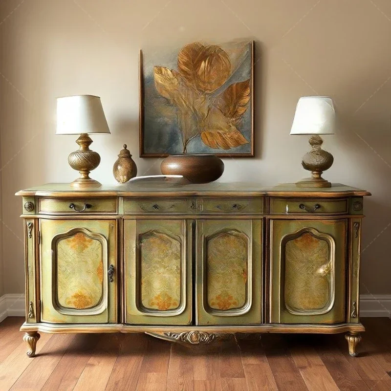 French retro solid wood carving flower entrance cabinet living room painted decorative cabinet home locker display cabinet
