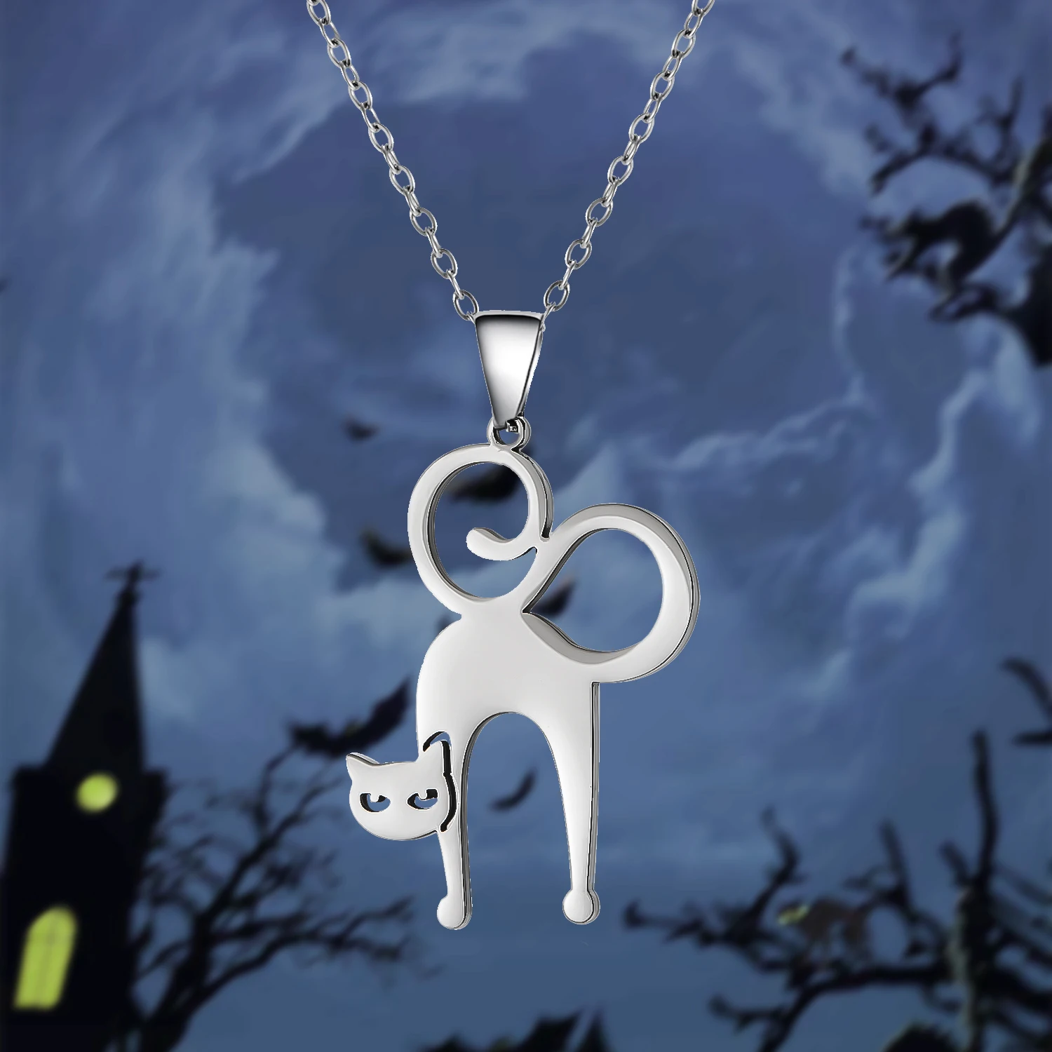 Mode Edelstahl Halloween Anhänger Halskette für Frauen Männer schwarze Katze Geist Spinne Kürbis Halskette Freundschaft Schmuck Geschenk – Detail 22