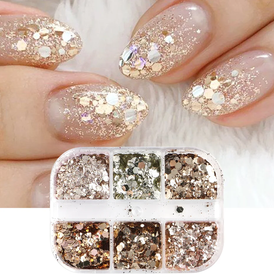 Glitter Champagne Nail Sequins Sliver Reflective Effect Flakes Wedding Nail Charm Paillette Manicure Decorations LA1909-48