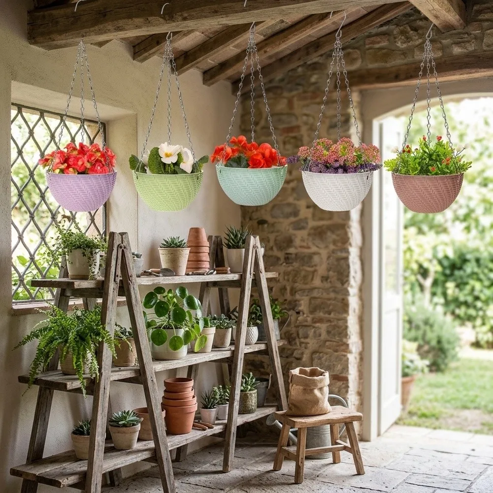 Set of 5 Plastic Hanging Featuring Woven Texture and Pre-Attached Chain Hooks for Easy Suspension in Any Space