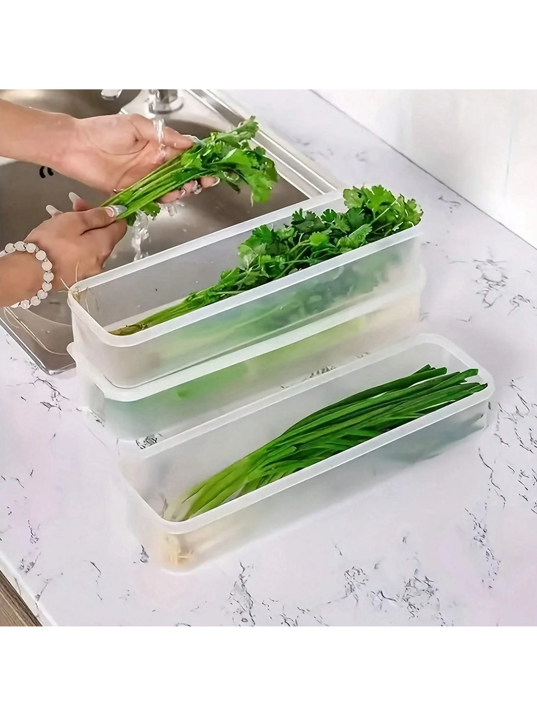2/4 قطعة حاويات تخزين الطعام المستطيلة، صناديق تنظيم الثلاجة البلاستيكية القابلة لإعادة الاستخدام للبصل الأخضر والبقدونس وسيليانترو #6
