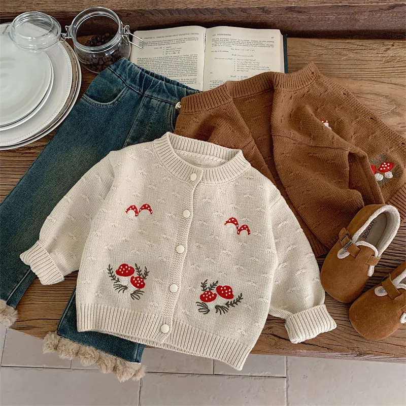 1-6Y Girls Autumn Cardigan Sweater Bird Mushroom Embroidery Kids Girls Outerwear Sweater Round Collar Toddler Girls Knitted Tops