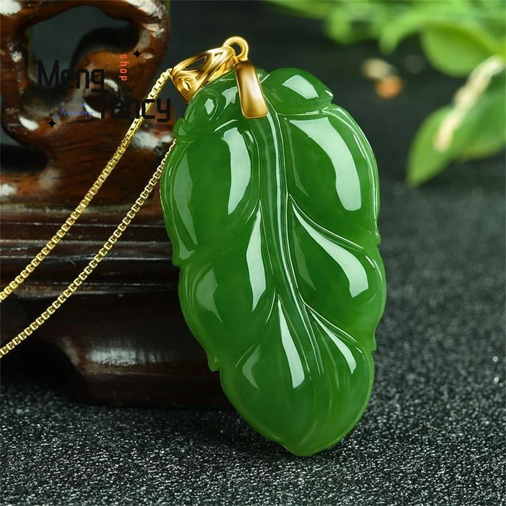 Natural Hetian Jasper Gold Branch Jade Leaf Pendant Exquisite High-grade Luxury Quality Jewelry Couple Fashion Fine Holiday Gift