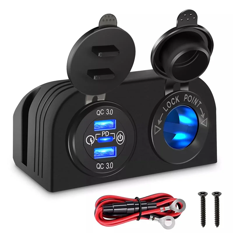 Tent Type Panel Two Hole, Quick Charge 3.0 Dual USB Car Charger+12V/24V Socket For Car Motorcycle Boat Marine ATV