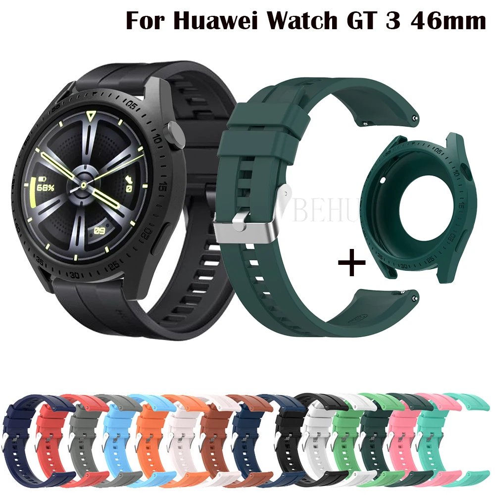 22MM WatchStrap For Huawei Watch GT 3 46mm Smart WristBand GT3 Soft Silicone Wriststrap WatchBand Bracelet with Protector Case