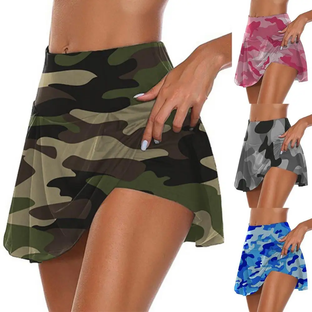 Women Elastic Breathable Sports Shorts Camouflage Fake Two Piece Mini Skirt