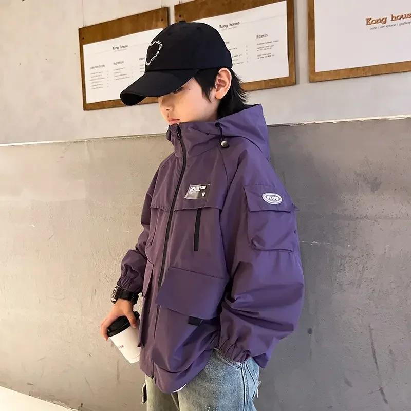 2024 Autumn Girls Boys Casual Windbreak Purple Black Hooded Jacket Baby Kids Children Outerwear Coat 4-14 Yrs Korean Overcoat