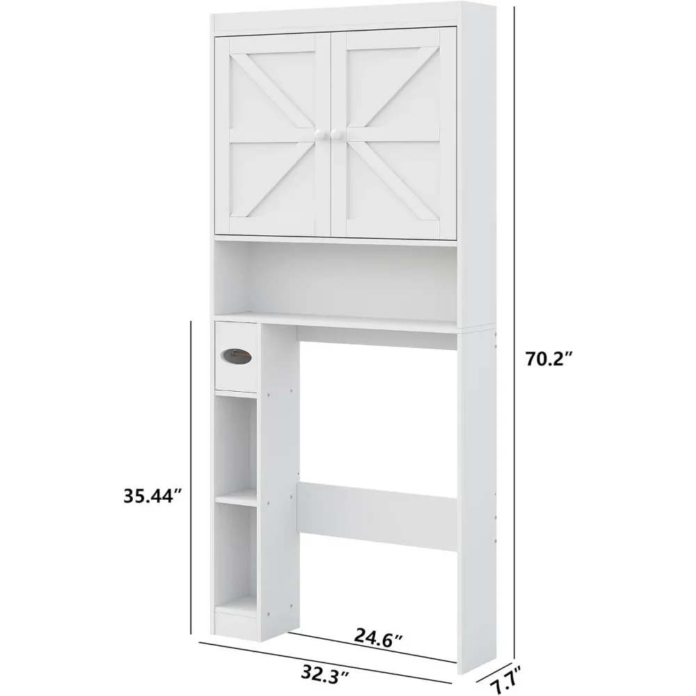 Over The Toilet Storage Cabinet with Barn Doors,  Free Standing Toilet Storage Shelf Space Saver with Adjustable Bottom Bar