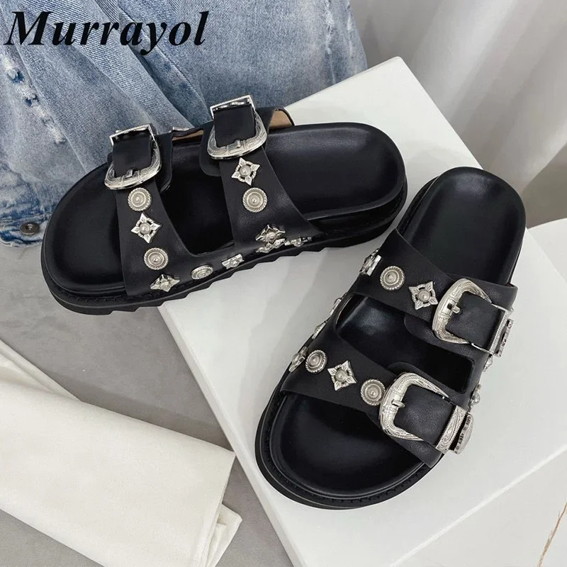 

New Open Toe Genuine Leather Thick Bottom Slippers Women Metal Rivet Decor Punk Slippers Summer Outdoor Vacation Beach Shoes