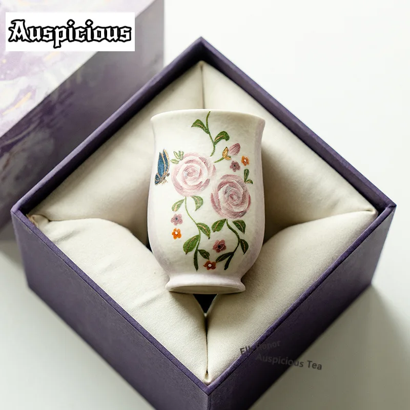 75ml Pure Hand-painted Butterfly Rose Teacup Tea Bowl Beautiful Big Belly Cup Tea-tasting Smelling Cup Chazhan Master Cup Teaset