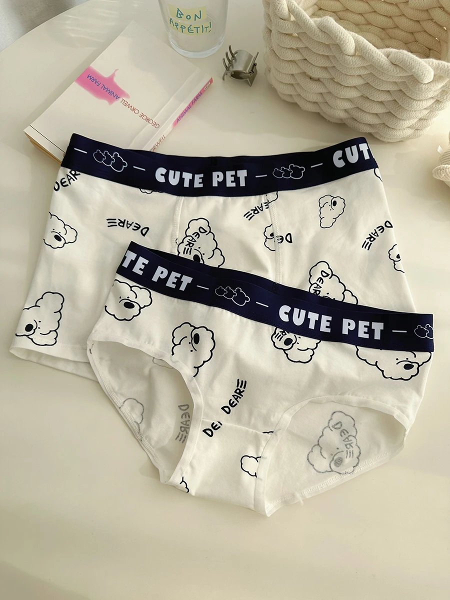 White Line Dog Print Lolita Cute Couple Underwear For One Man And One Woman 2025 New Cotton Comfortable Panties