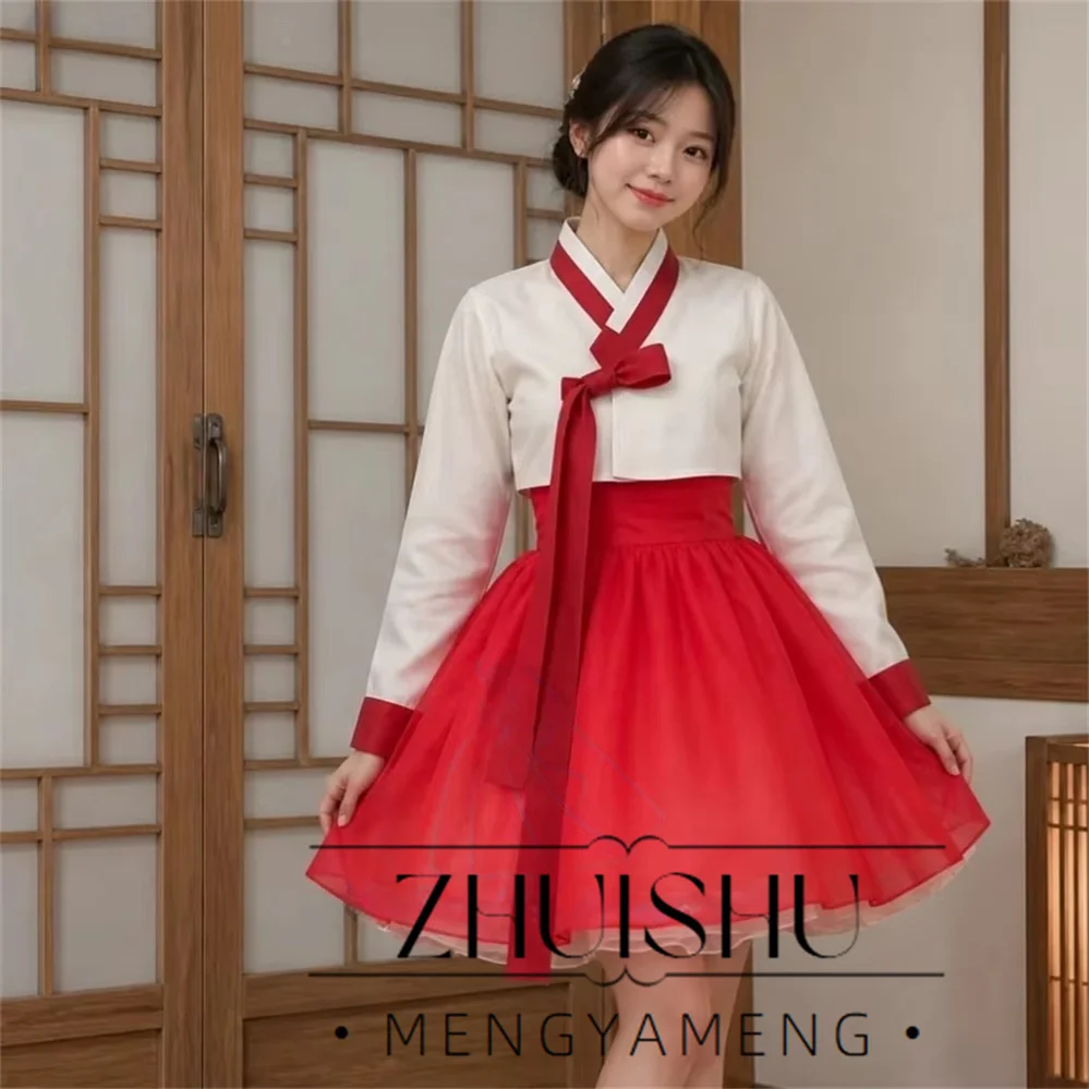 Simple Mini Hanbook Dress Full Sleeves Ivory And Red Contrast Color Korea Wedding Photo Shoot V Neck Party Dress Customized