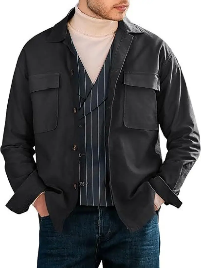 2024 Autumn men's plus-size shirt casual multi-pocket solid color button up shirt slim men's cardigan coat