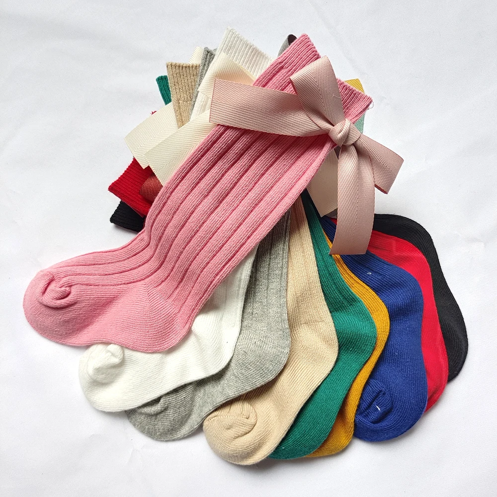 New Kids Girls Knee High Long Sock Cotton Soft Baby Socken Striped Children\'s Socks Big Bows Princess Girls Boot Sock