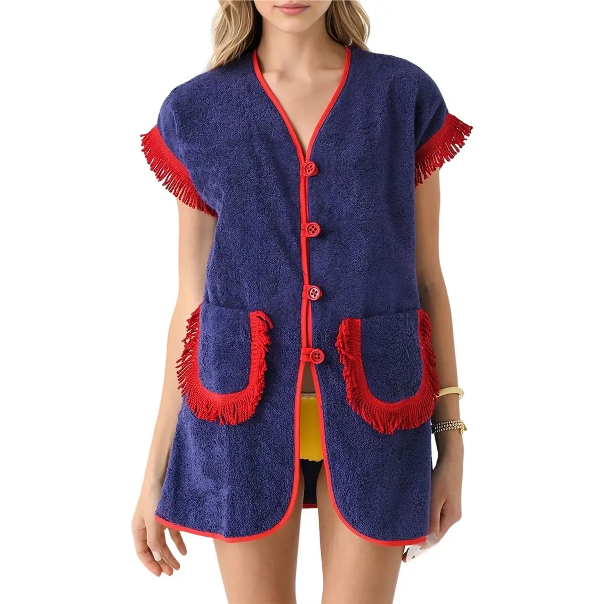 PROFESSIONAL USE Women's 2 Piece Set Fringed Trim Short Sleeve Vneck Button Up Top Shorts Lounge Set with Pockets Deep S