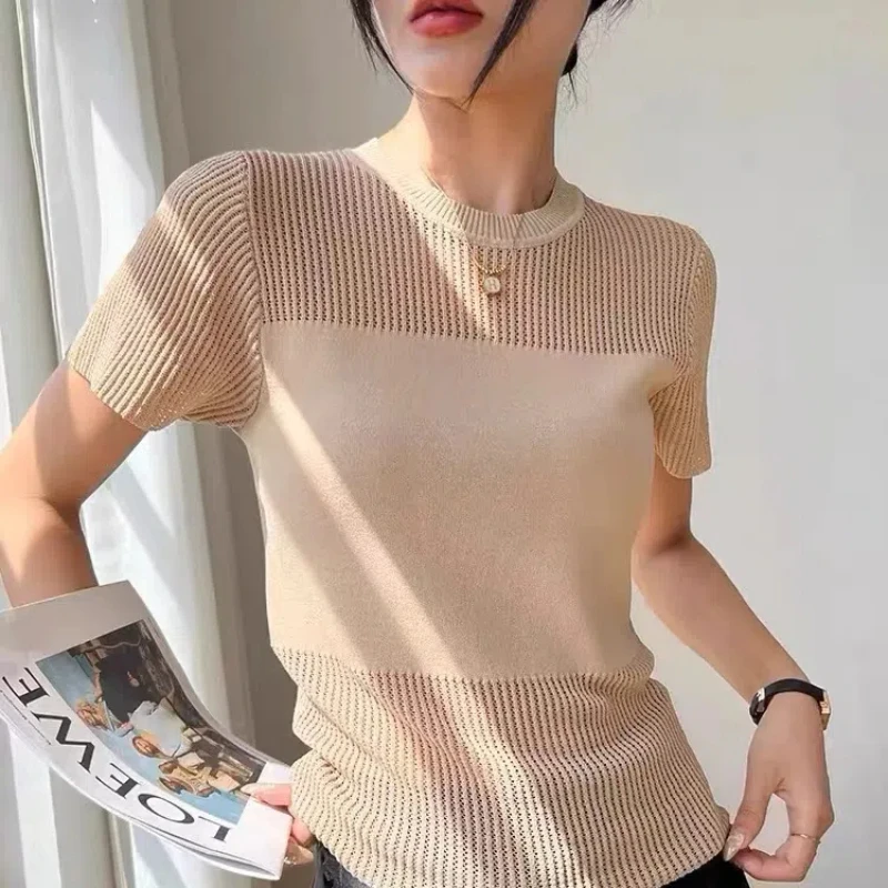 2024 New Women\'s Thin Knitted Shirt Summer Fashion Solid Color Spliced Hollow Out Chic Slim Round Neck Short Sleeve T-shirt Tops