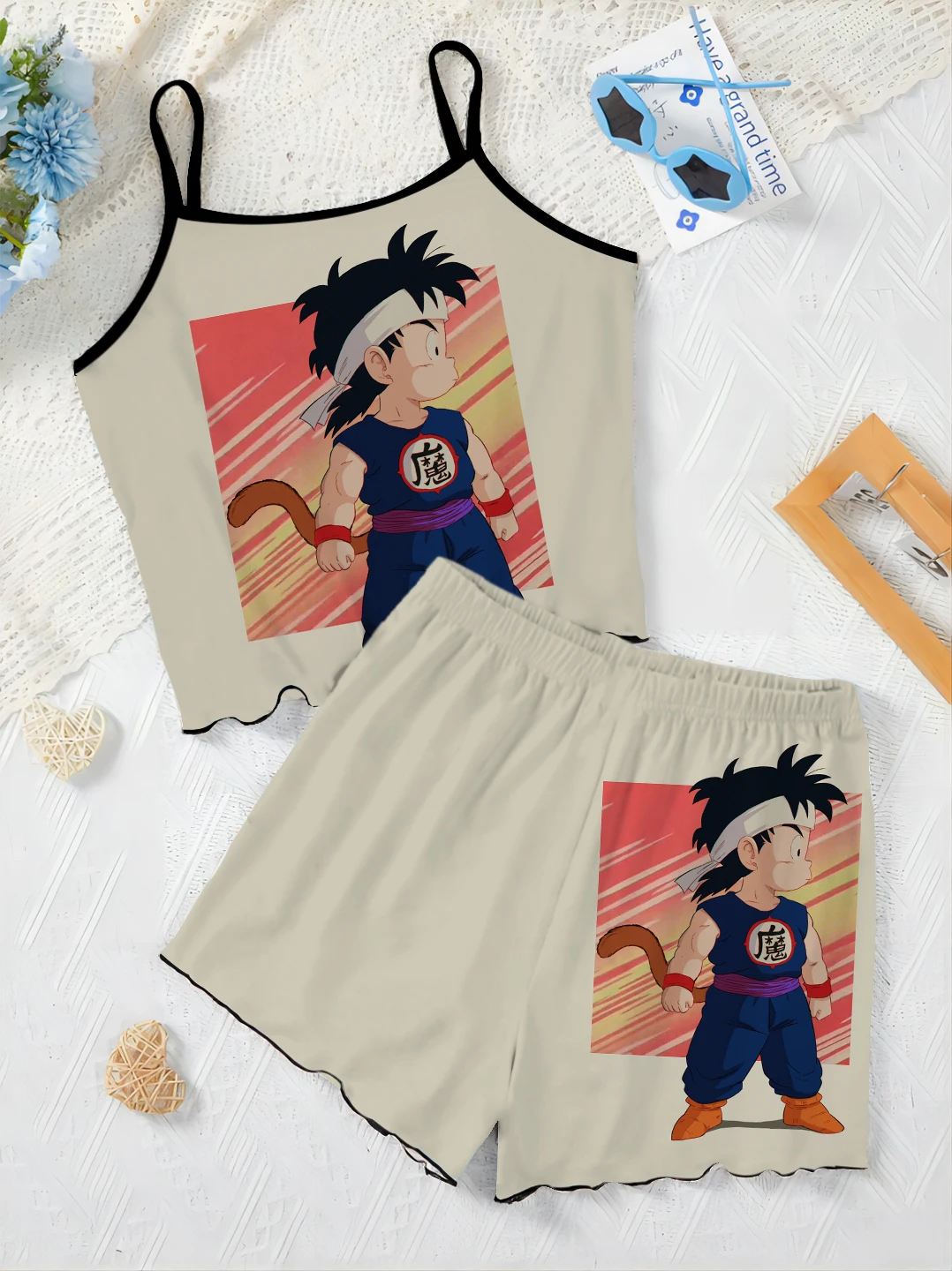 Two Piece Set Short Sets for Women 2 Pieces Dragon Ball Top Lettuce Trim Slip Dress T-shirt Son Goku Pajama Skirt Women's Suit