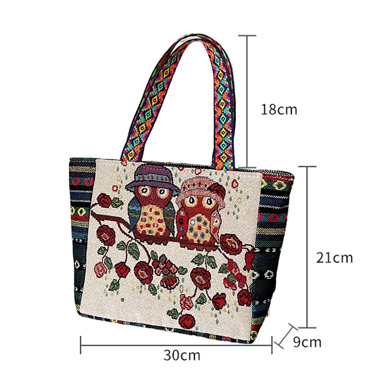 Trendy Elephant Embroidery Handbag Owl Canvas Women Shoulder Bags Animal Ethnic Handbag Female Tote Bag