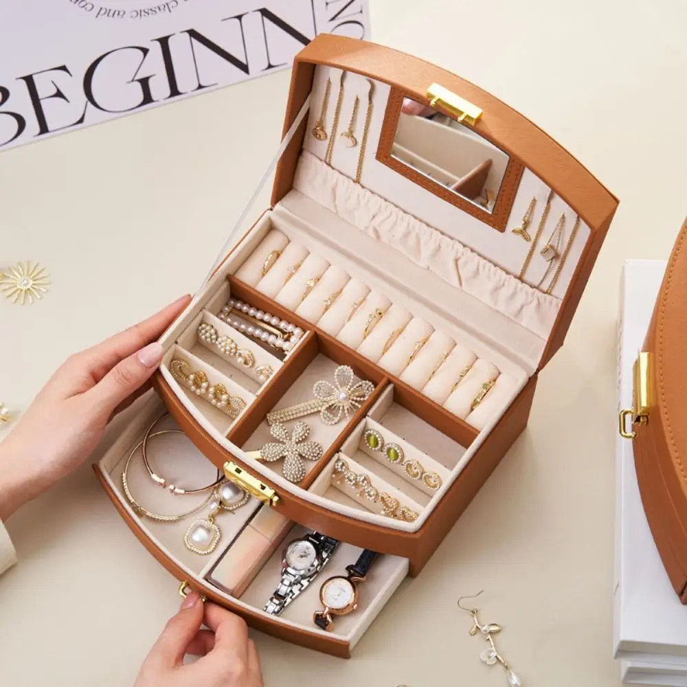 

Drawer Type Handheld Luxury Jewelry Box Large Capacity with Mirror Multi-layer Drawer Storage Box Portable Multifunction