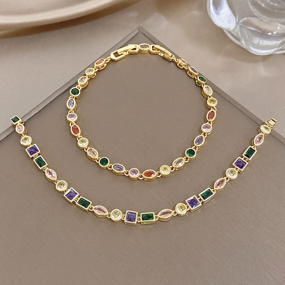 AENSOA Vintage Multicolor Tennis Bracelet Gold Plated Copper Square Oval Crystal Waterproof Bracelets For Women Party Gift
