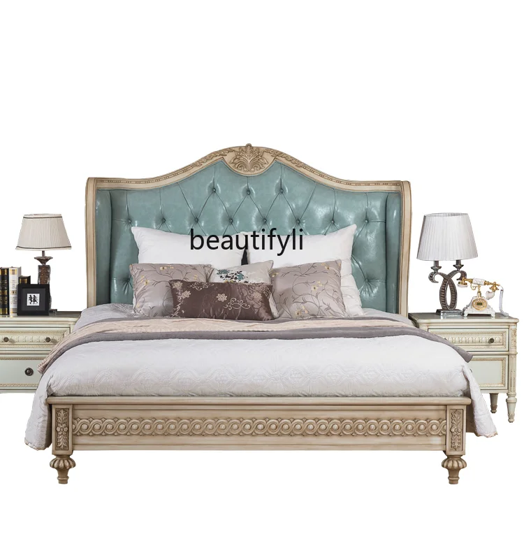 

American Light Luxury Furniture Solid Wood Carved Bed Golden Distressed French Country Retro Double Bed Princess Marriage Bed