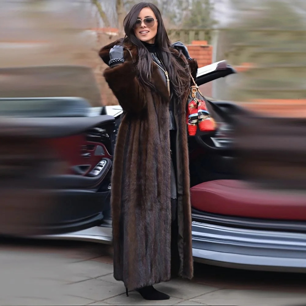 Women's Dark Brown Faux Mink Fur Hooded Coat 2025 Winter Long Length Belted Warm Luxury Jacket for Daily Party Streetwear