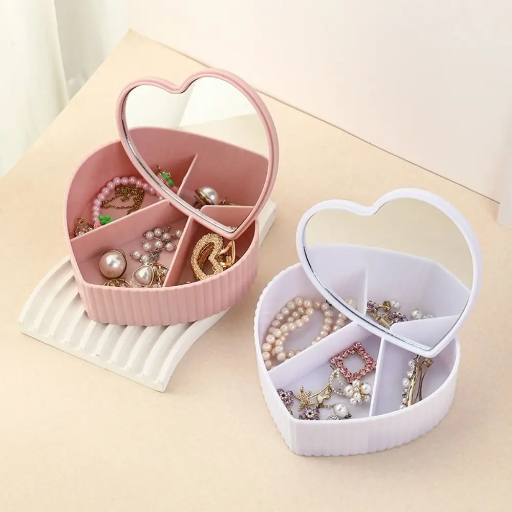 Fashion Heart-shaped Jewelry Packing Bag with Mirror Divided Jewelry Organizer Multi-function Holder Display Box Vacation