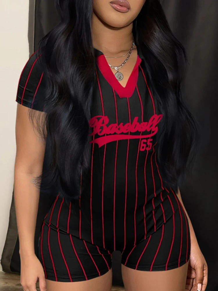 Summer clothing, New Fashion 2025, women's V-neck casual jumpsuit, one-piece, tight shorts, sportswear, printed baseball letters