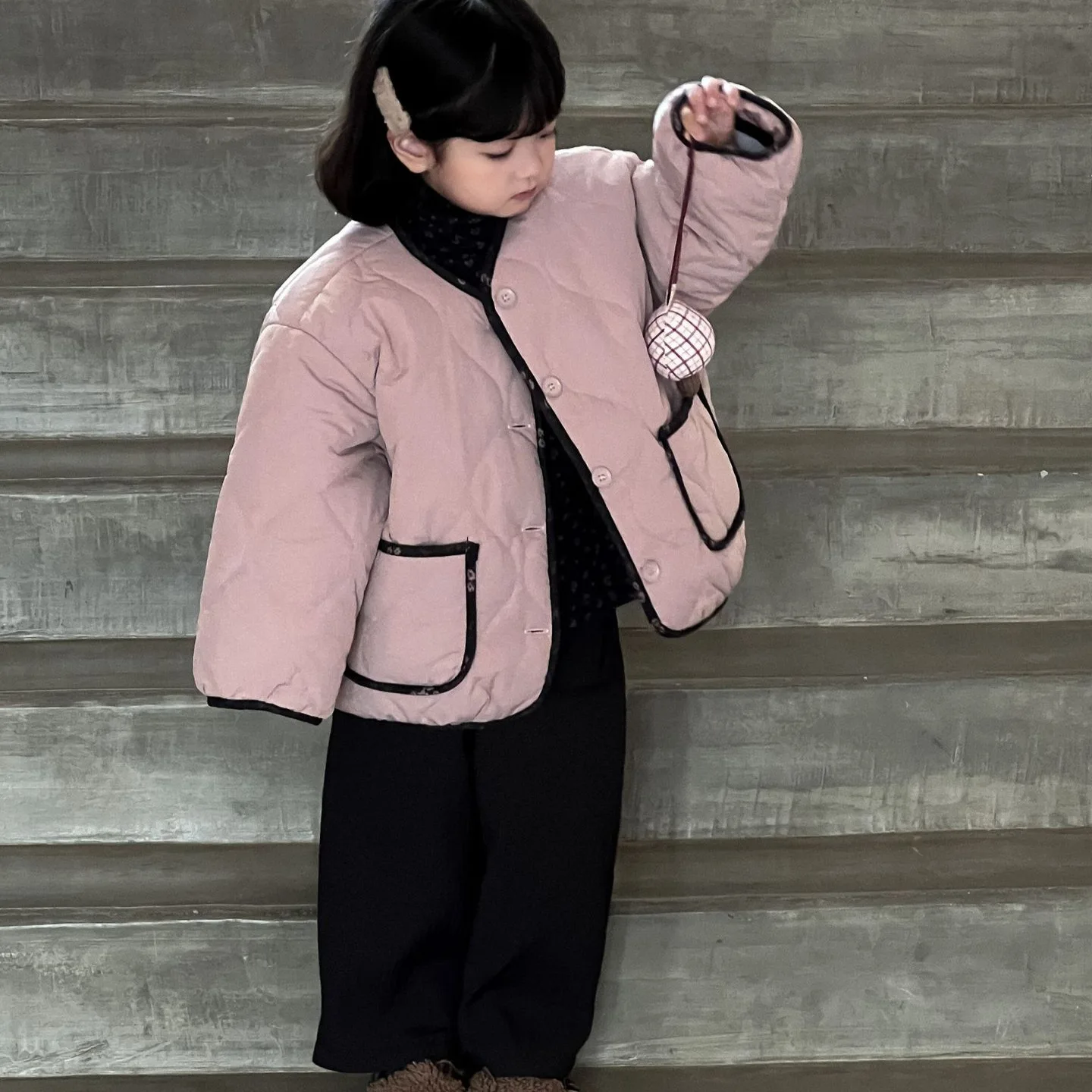 2024 Autumn and Winter Jacket Korean Color-Blocked Children Autumn and Winter Girls Sweet Fur Round Neck Cotton Jacket