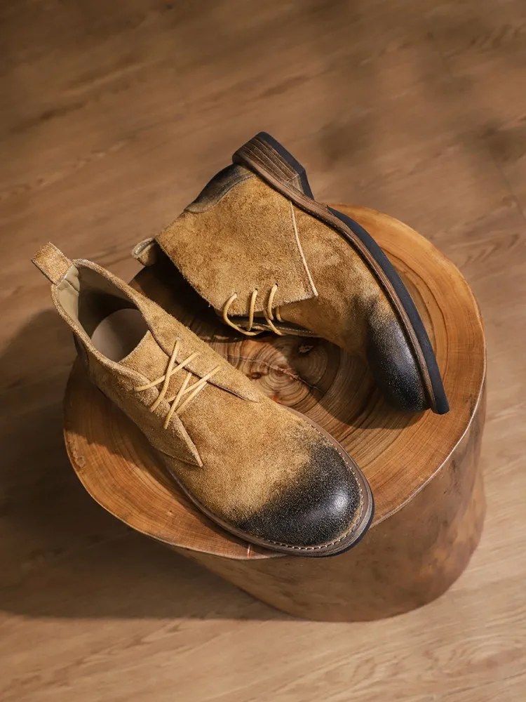 Modne, uniwersalne męskie sznurowane botki ze skóry bydlęcej z blokami kolorów, okrągłym noskiem, wytrzymałe, ręcznie robione, na platformie, do pracy i na co dzień.