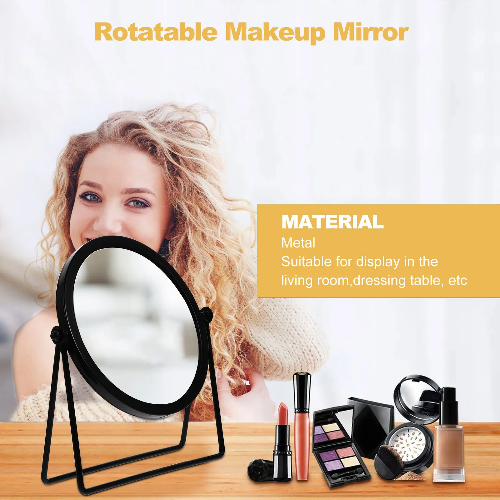 مرآة تجميل دوارة فاخرة من المعدن، مرآة مكياج واضحة خالية من التشوهات، مرآة مكتبية لغرفة النوم والحمام