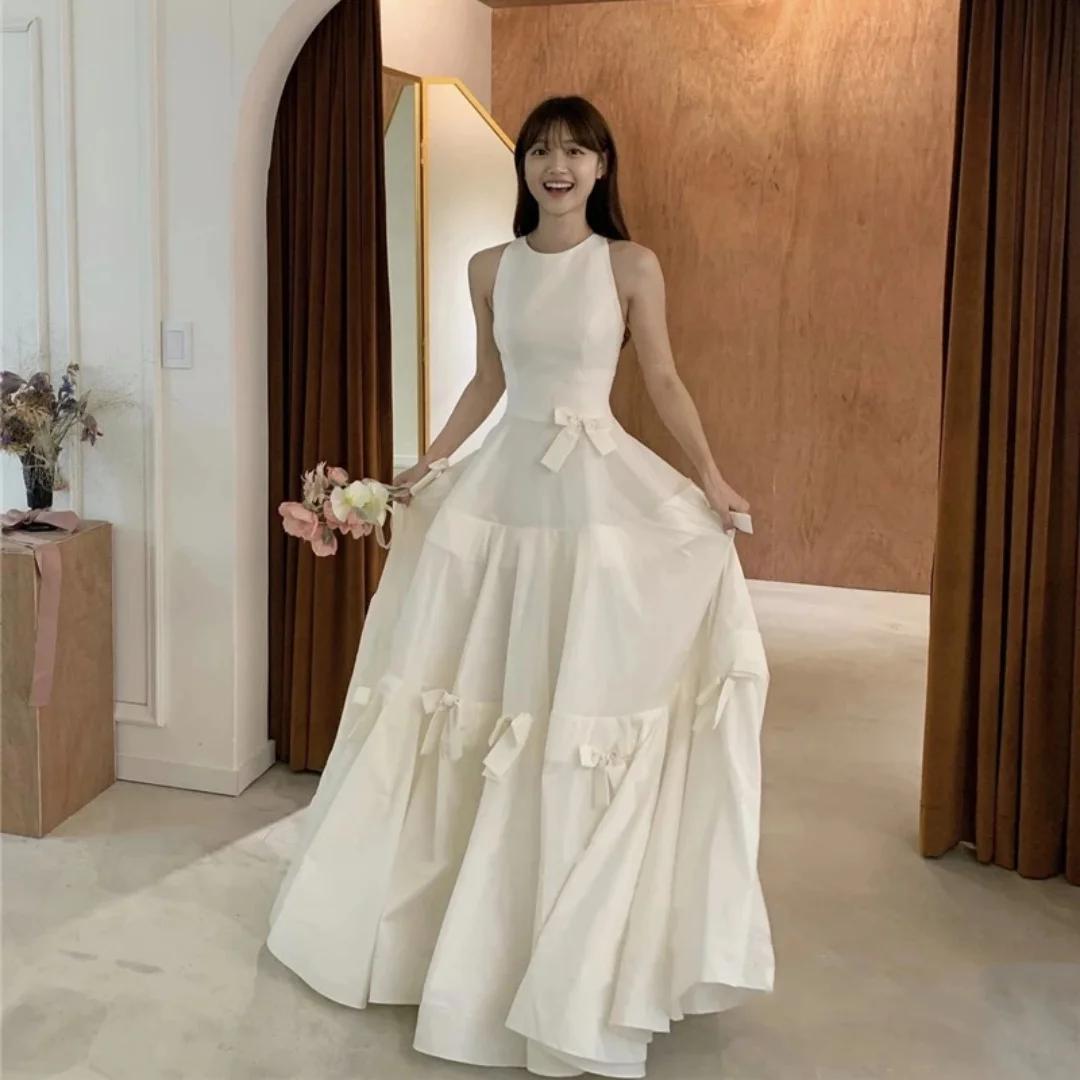 WHOSAY Crew Neck Korea A Line Wedding Dresses Sleeveless Bows 웨딩드레스 Floor Length Special Banquet Women Wear Vestidos De Noche