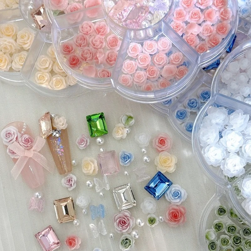 

Rose Camellia Flowers Pearl Bowknot Crystal Daisy Nail Art Accessories Set Pointed Bottom Rhinestones Decorations Manicure Tools