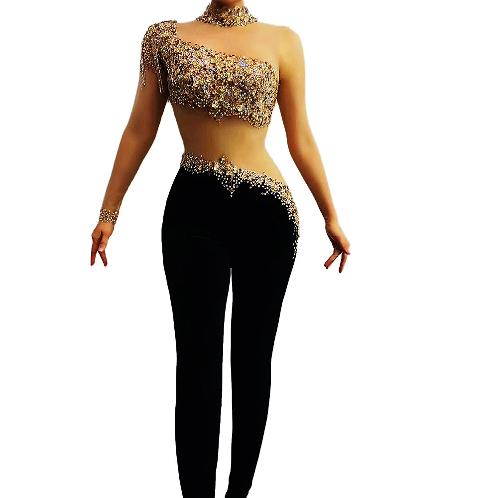 Black Nude Sexy Tassel Long Sleeve Women Jumpsuits Halter Neck Club Party Dancer Stage Festival Outfit Drag Queen