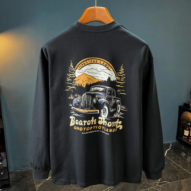 

2025 autumn long sleeved-shirt men's trendy printed round neck pullover long sleeved casual versatile base shirt