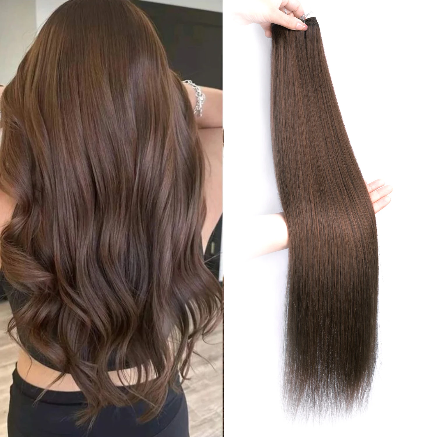 Extensiones de cabello liso, pelo sintético liso ombré tejido, mechones de pelo liso sintético marrón de 26 pulgadas, completo hasta el extremo