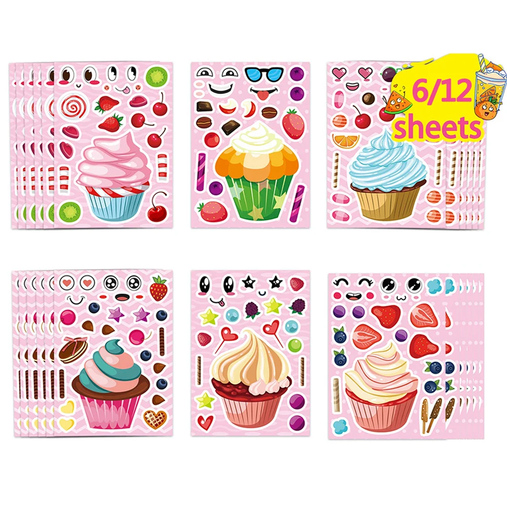 6/12Sheets Make a Cupcake Puzzle Stickers For Kids Create Your Own Dessert Children Game Boys Girls Toys Party Decoration Gifts