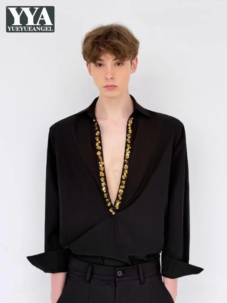 Hot Sale Chic Mens Sequin Deep V-Neck Long Sleeved Shirts Turndown Collar Loose Fit Retro Nightclub Style Fashion Men Model Tops