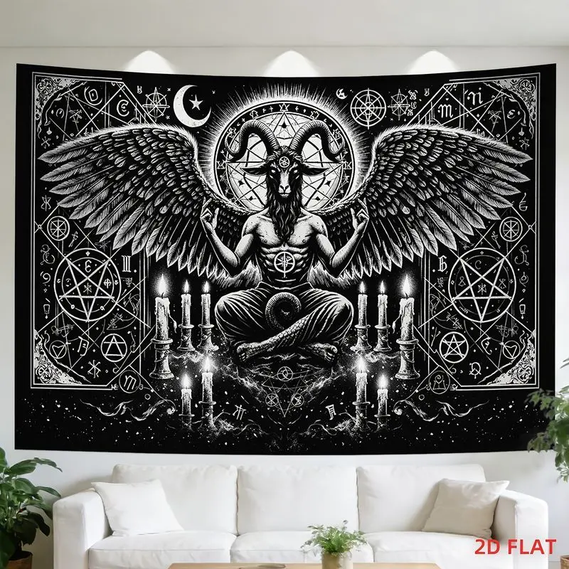 VIKAMA Gothic Baphomet Tapestry Black White Occult Sigil Pentagram Wall Hanging Dark Mysterious Dorm Bedroom Wall Art Decor
