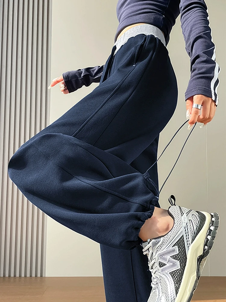 American style sports pants women in autumn and winter 2025 new style thick drawstring color blocking wide leg pants