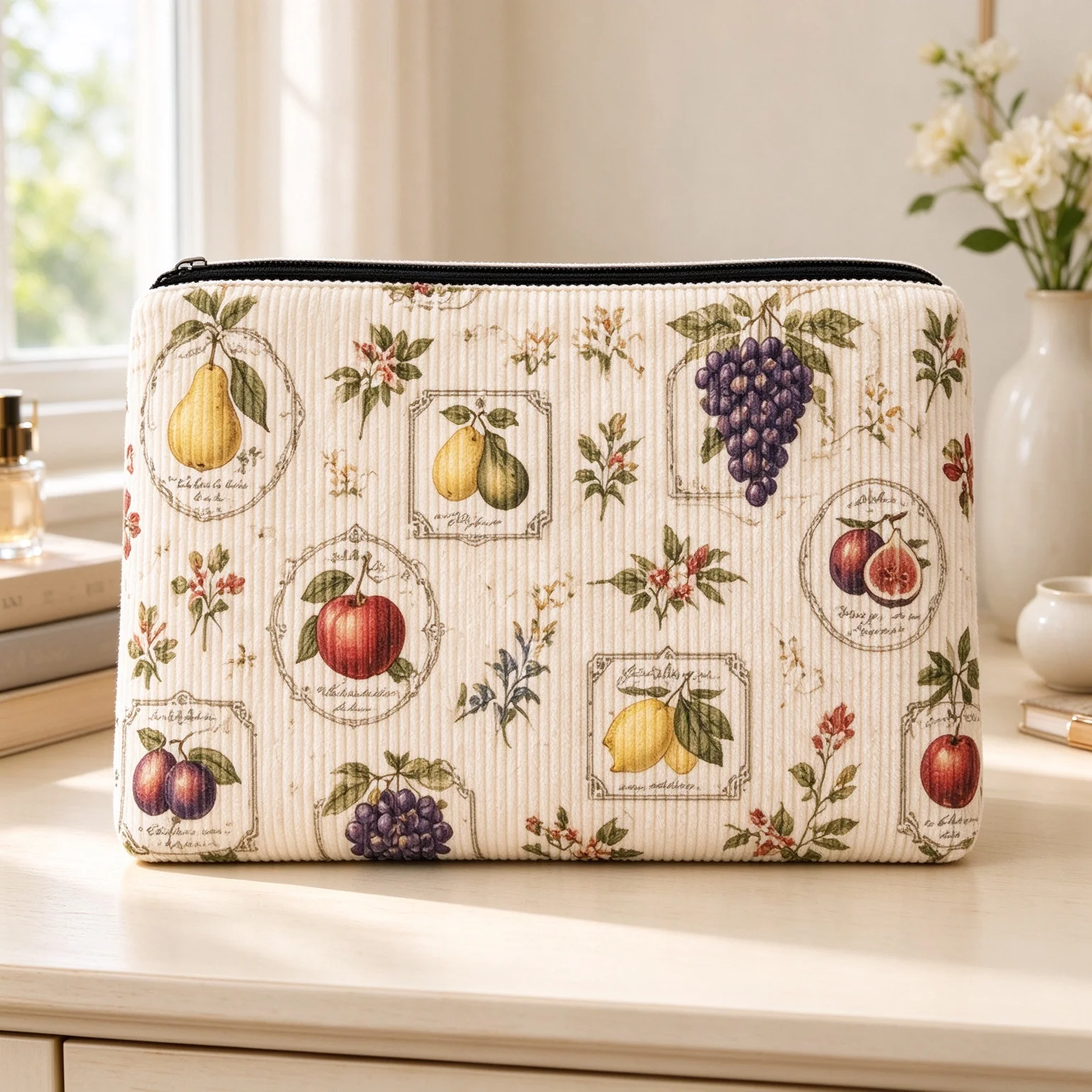 Corduroy Cosmetic Bag Vintage Fruit Botanical Print Makeup Pouch Women Travel Toiletry Bag Portable Cosmetics Storage Purse