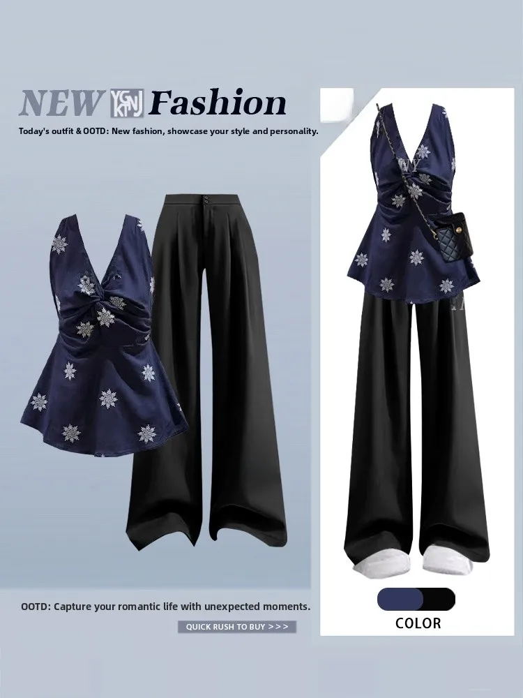 

Bla V-ne Knotl Svel Vest Top Slimming Top with Wide-leg Pants Two-piece Set for Young Women Summer Faion