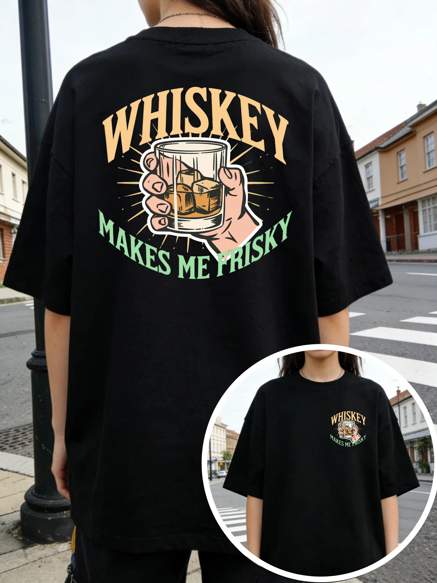 Trendy Print Black T-shirt Soft Fabric Summer Outfit Whiskey Glass Hand Graphic Vintage Alcohol