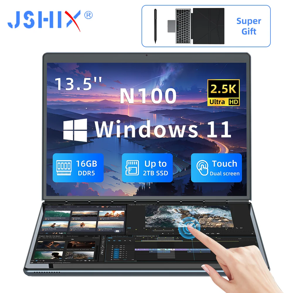 13.5 Inch Dual Screen Touch laptop Intel N100 2.5K Ultra HD DDR5 16GB RAM 512GB 1TB SSD Handwriting Office Design 2 In 1 Tablet