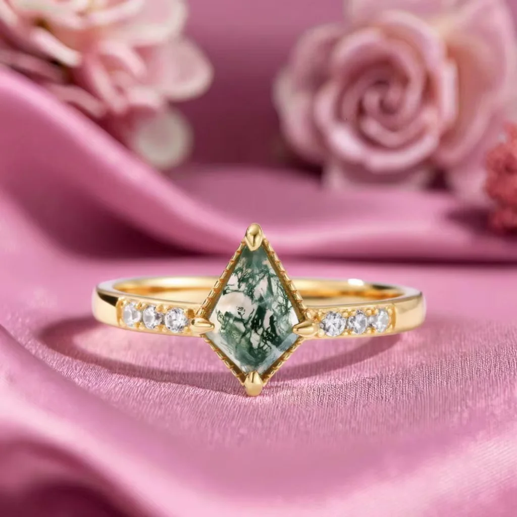

Dainty Kite Cut Moss Agate Ring for Women Sterling Silver Gold Plating Accented Ring for Engagement Anniversary